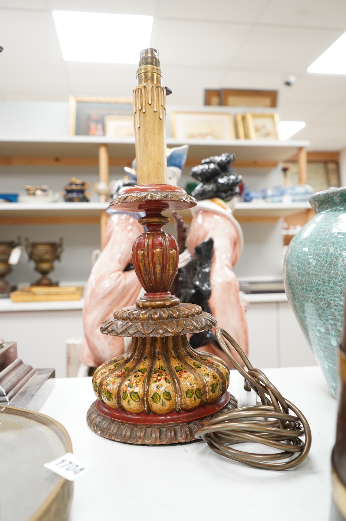 A Kashmiri painted wood lamp and brass bound oak barrel, largest overall 45cm high